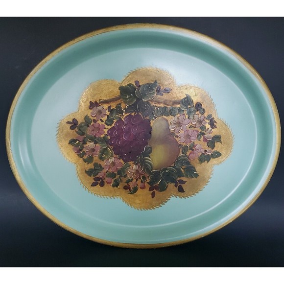 60s Toleware Hand Painted Metal Oval Tray 16.5" x 13.5" Bar Kitchen Serving Vtg - Picture 1 of 10